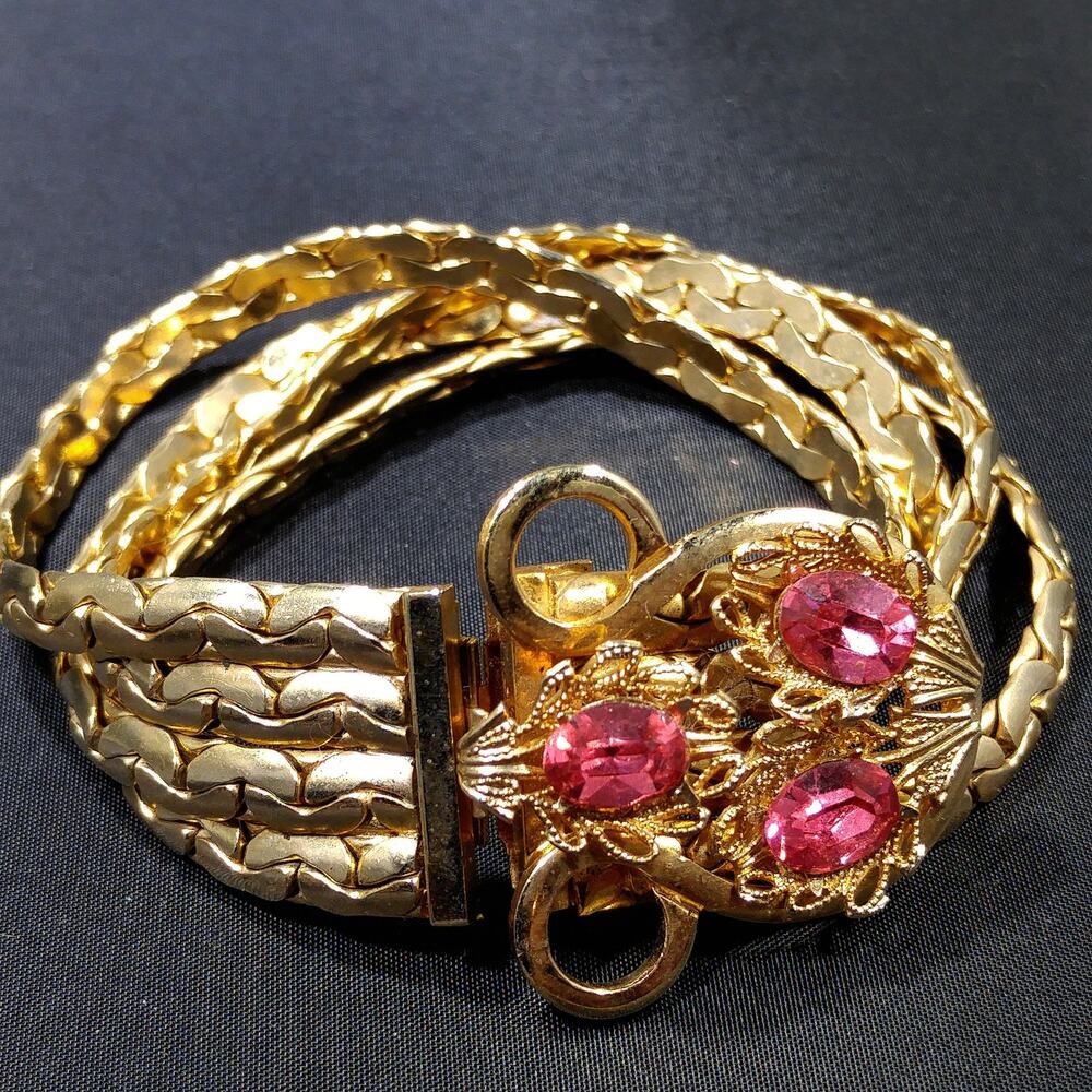 Vintage Pink Rhinestone Gold Chain Bracelet Filigree Clasp 1960s